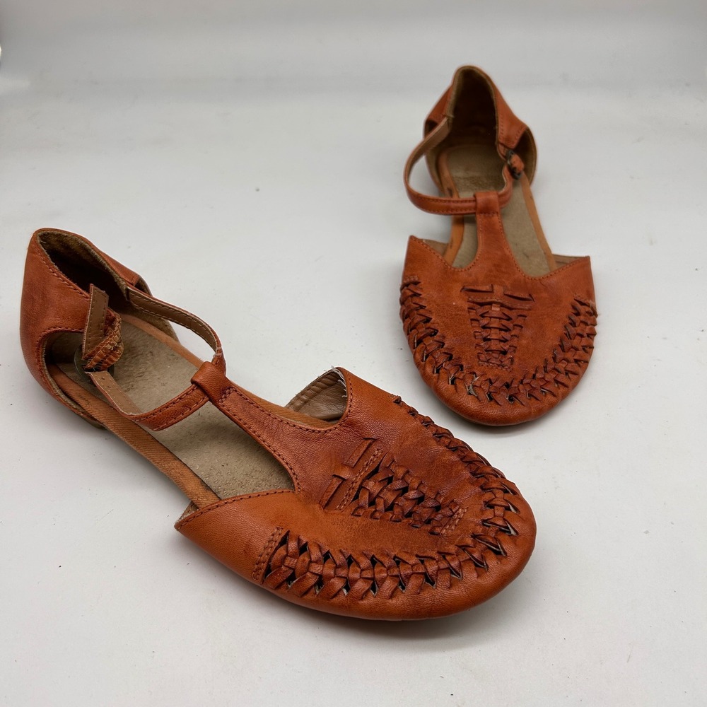 Seychelles Weekender Cognac Leather Woven T-Strap Huarache Flats Womens 8.5